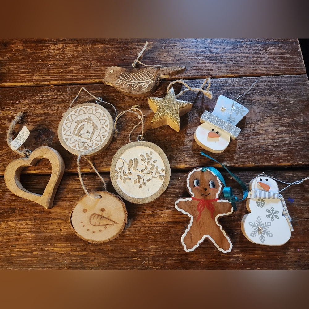 9 Wooden Ornaments - Rustic Holiday Ornament Set - Brown, Gold, White